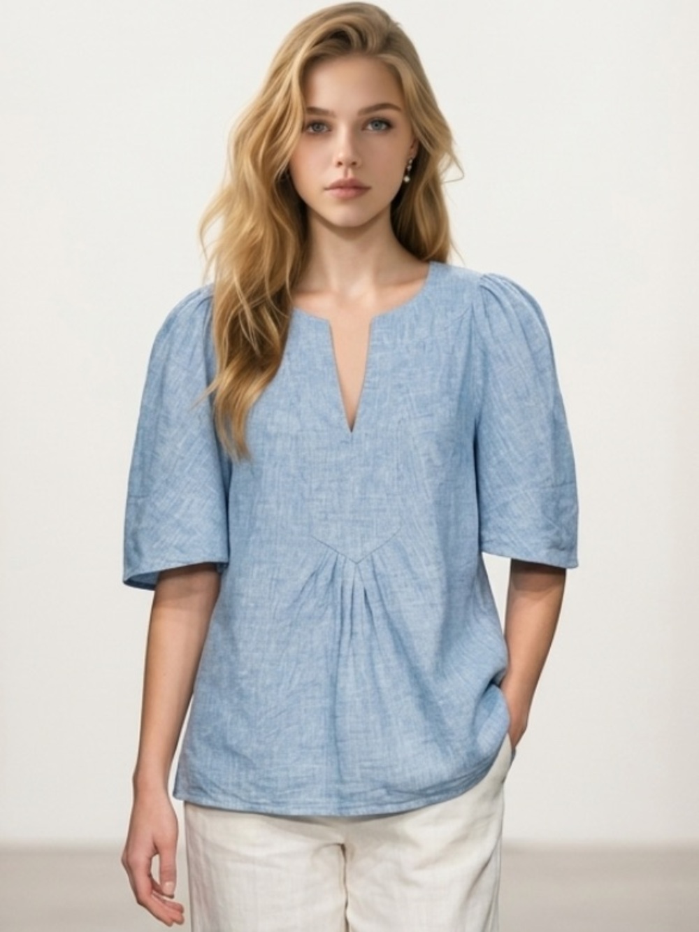 TUCKERNUT Pomander Place Finley Chambray Top Blouse Blue Flutter Sleeve XS